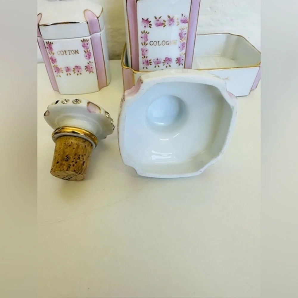 1956 Lefton Vanity Dresser Bottles & Soap Dish Hand Painted Rhinestones/Cork Set